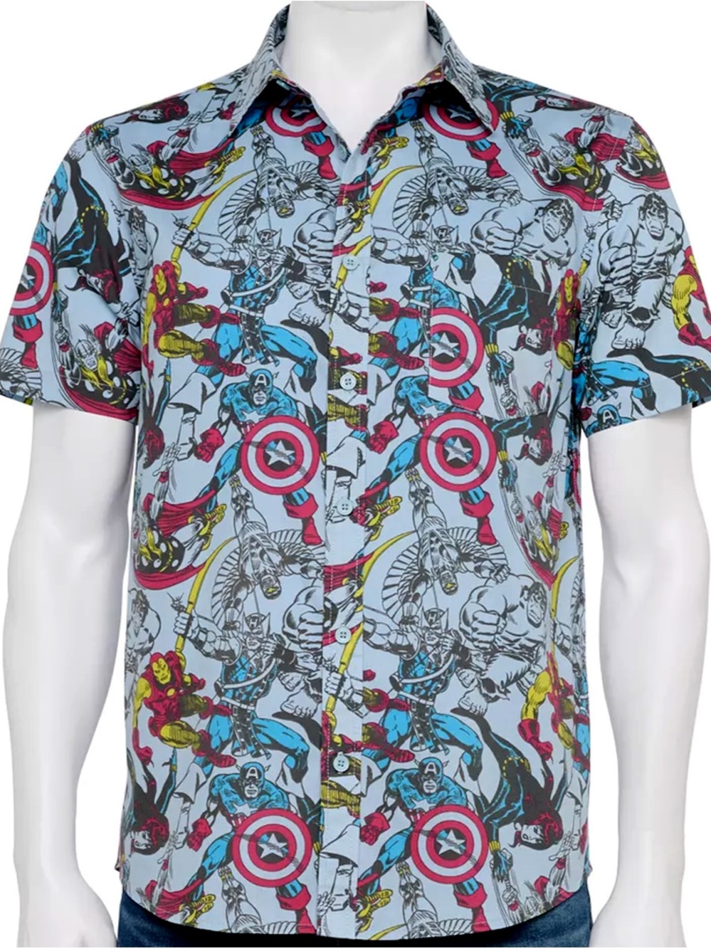 Marvel Avengers Comic Print Button Up Shirt Men’s Small Captain America Iron Man